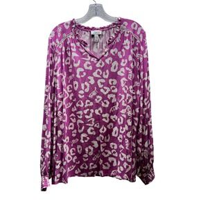 D&Co 2X Purple Leopard Print Blouse Love Graphic Long Sleeve Y2K Boho Top
